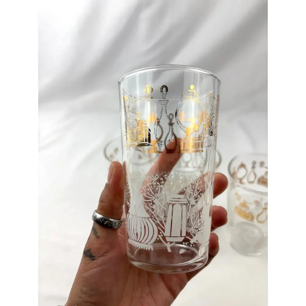 Vintage Federal Glass Tumblers Set of 4 Clear Drinking Glass Gold Accent Design‎